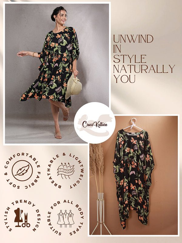 CrossKulture - FloralEclipse - Women's Viscose Crepe Kaftan Dress infographic image
