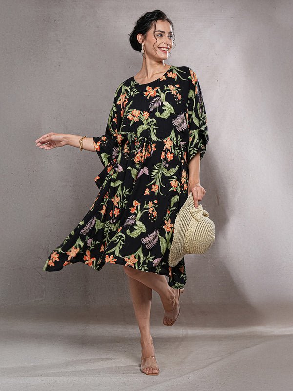 CrossKulture - FloralEclipse - Women's Viscose Crepe Kaftan Dress front view