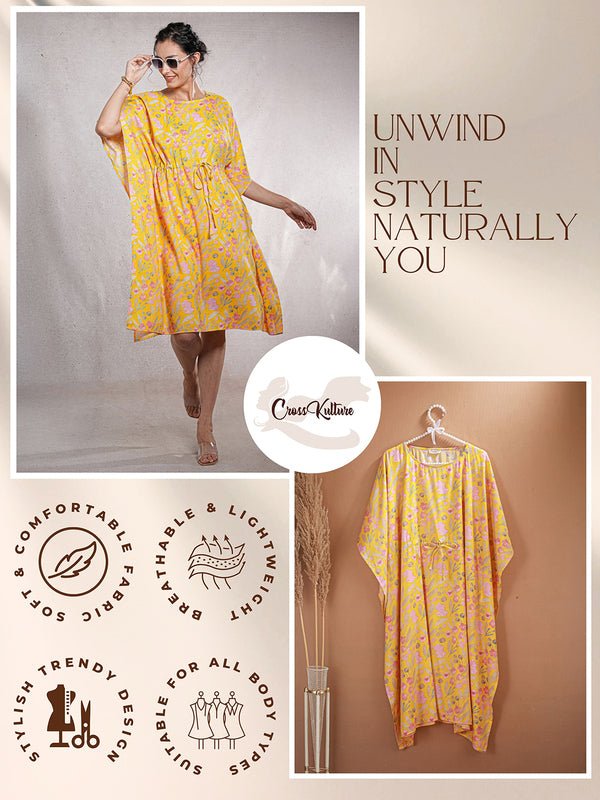CrossKulture - SunlitBloom - Women's Cotton Linen Feel Kaftan Dress infographic image