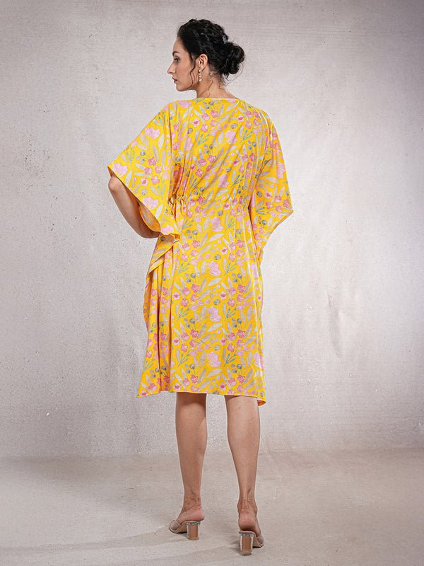 CrossKulture - SunlitBloom - Women's Cotton Linen Feel Kaftan Dress back view