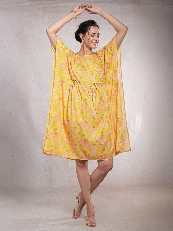 CrossKulture - SunlitBloom - Women's Cotton Linen Feel Kaftan Dress front view