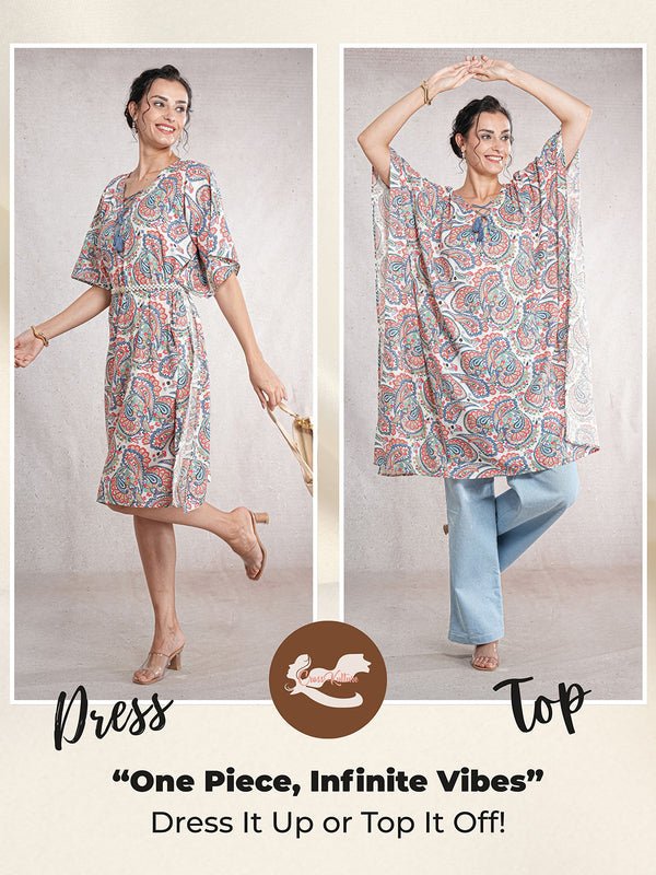 CrossKulture - WhimPaisley - Women's Cotton Linen Feel Kaftan Dress wearing in two different ways