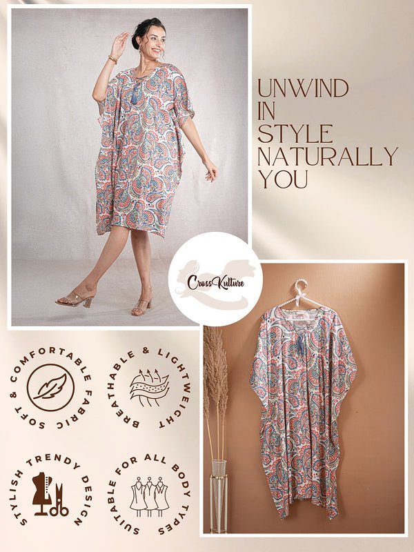 CrossKulture - WhimPaisley - Women's Cotton Linen Feel Kaftan Dress infographic image