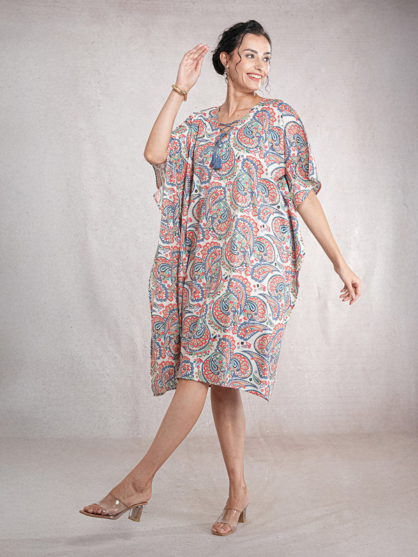 WhimPaisley - Women's Cotton Linen Feel Kaftan Dress (L-42")