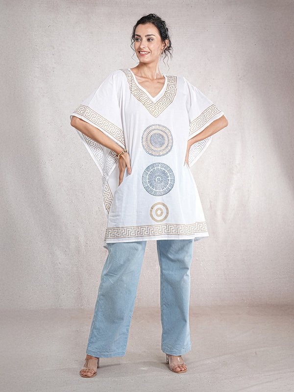 CrossKulture - GoldenCalm - Women's Cotton Kaftan Dress front view with jeans
