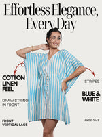 OceanThread - Women's Cotton Linen Feel Kaftan Dress (L-36")