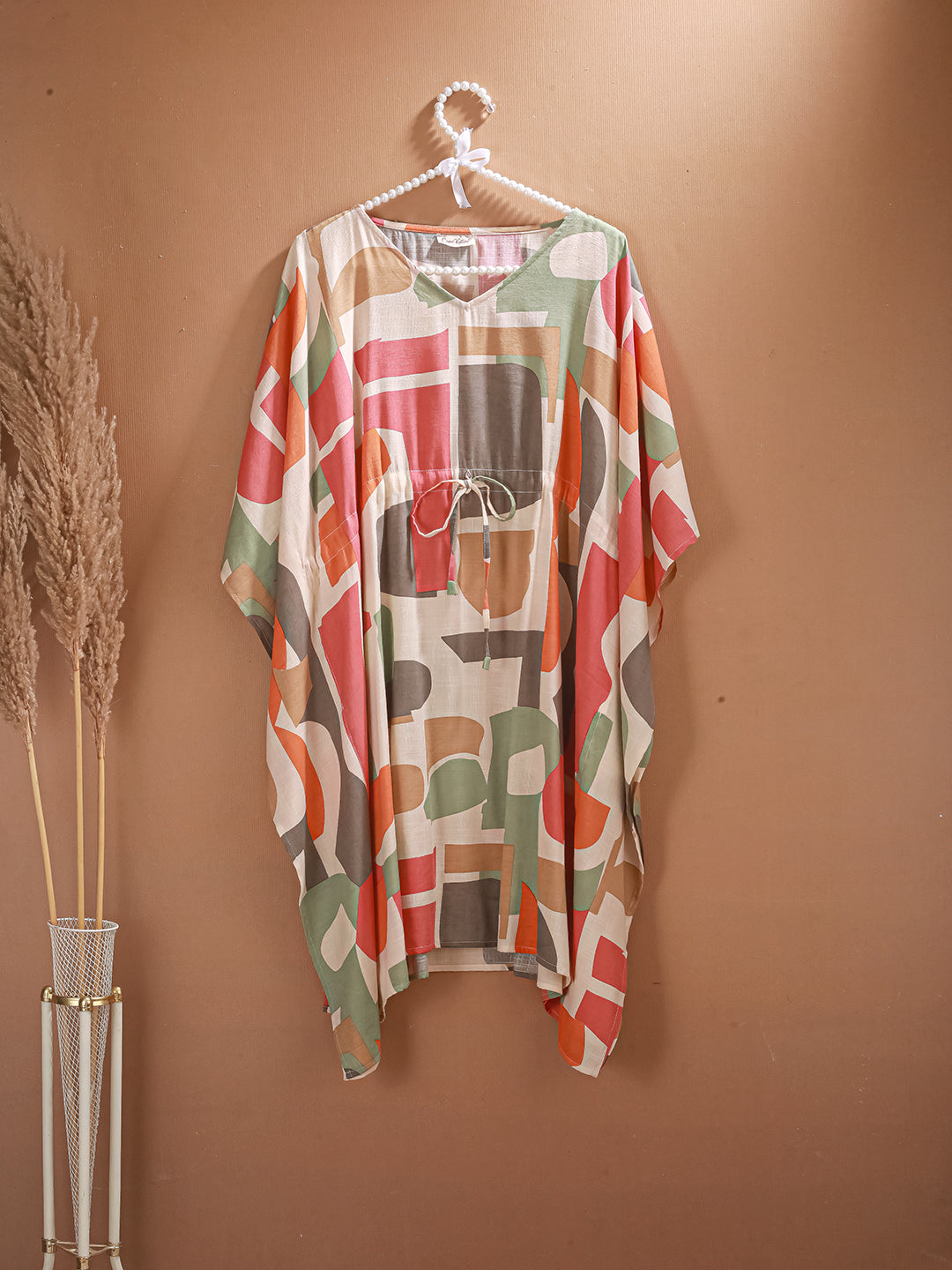 RusticBlocks - Women's Cotton Linen Feel Kaftan Dress (L-36")