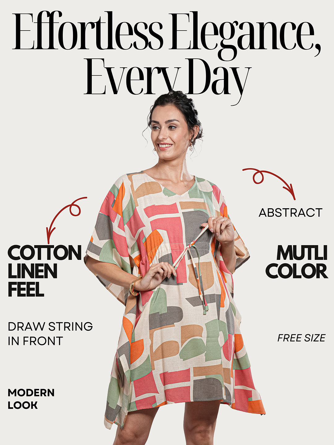 RusticBlocks - Women's Cotton Linen Feel Kaftan Dress (L-36")