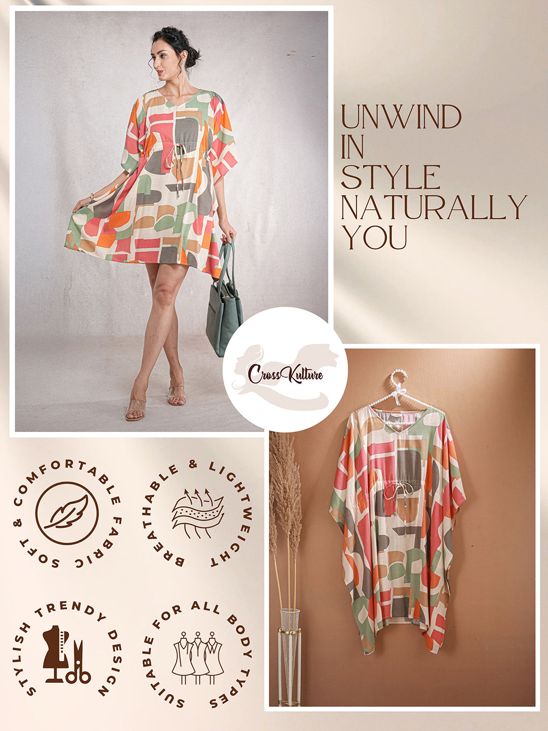 RusticBlocks - Women's Cotton Linen Feel Kaftan Dress (L-36")