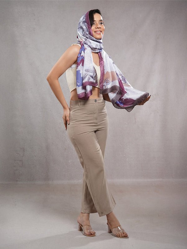 CrossKulture - WineFlora Long Satin Scarf Purple model front view