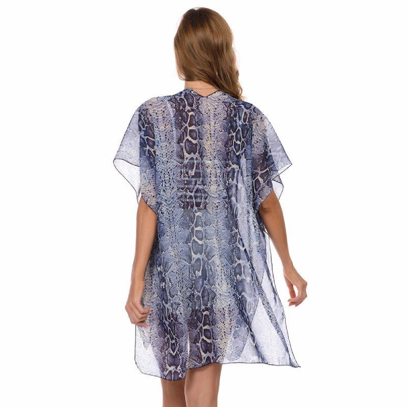 CrossKulture - CoastalTide Kimono Shrug Animal Print Blue back model view
