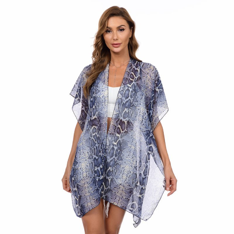 CrossKulture - CoastalTide Kimono Shrug Animal Print Blue front model view