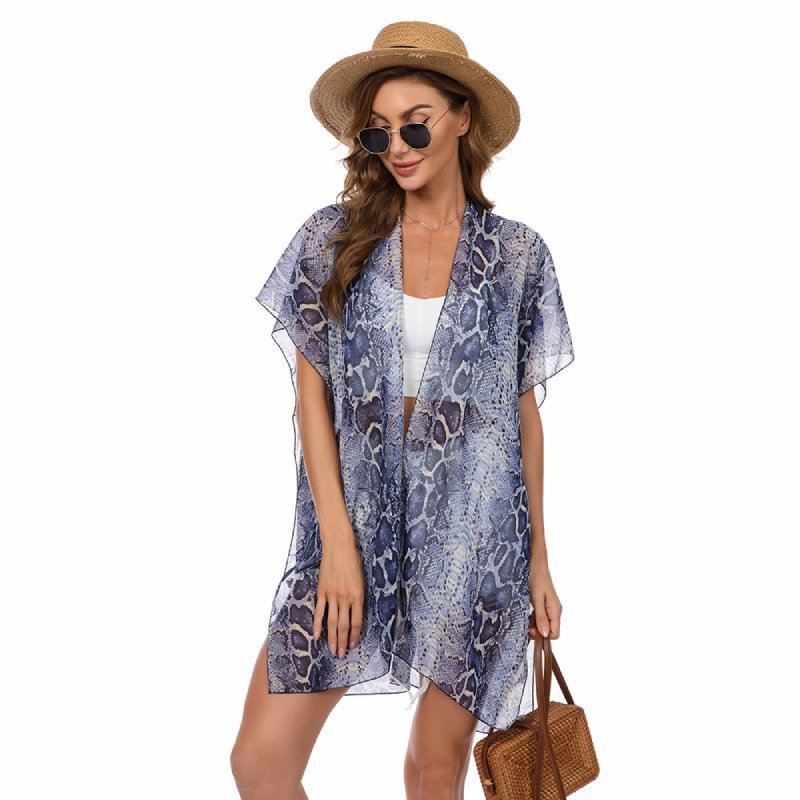 CrossKulture - CoastalTide Kimono Shrug Animal Print Blue front model view