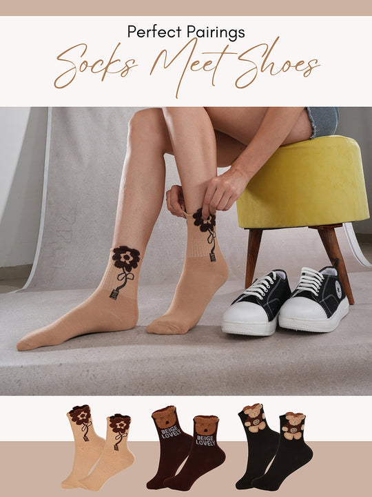 SoleSnugglers Brown & Beige Crew Socks Combo Pack of 3