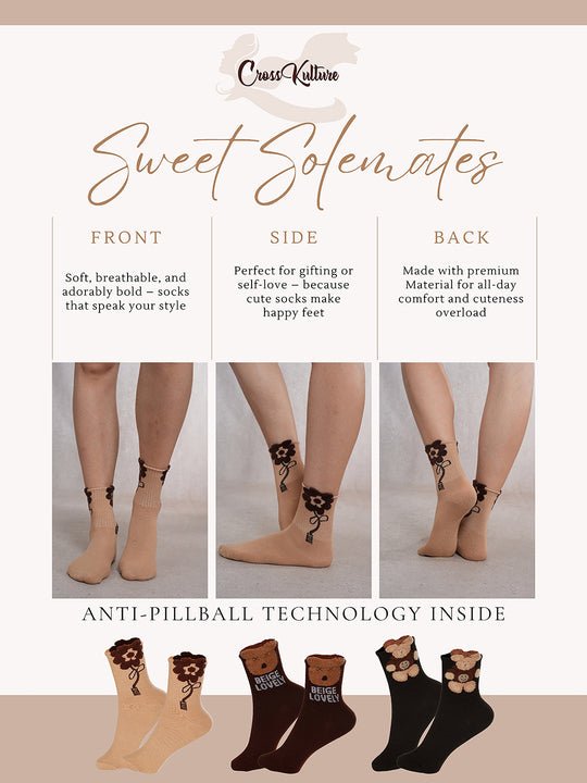 CrossKulture - SoleSnugglers Brown & Beige Crew Socks Combo Pack of 3 infographic image