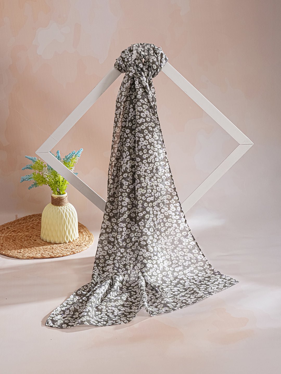 CrossKulture - AcaciaBloom Floral Print Poly Cotton Scarf Grey flare view