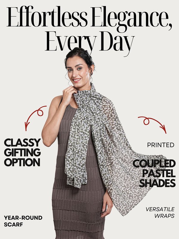 CrossKulture - AcaciaBloom Floral Print Poly Cotton Scarf Grey infographic image