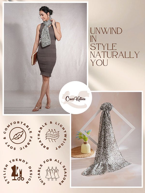 CrossKulture - AcaciaBloom Floral Print Poly Cotton Scarf Grey infographic image