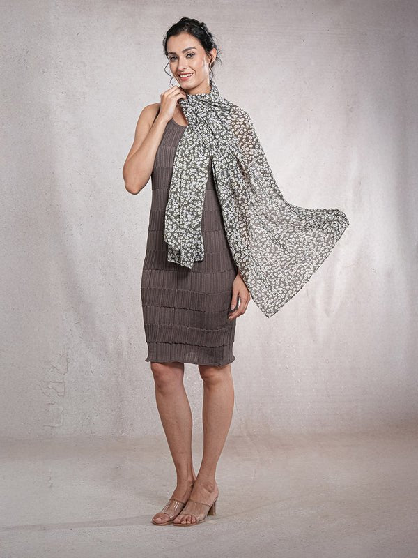 CrossKulture - AcaciaBloom Floral Print Poly Cotton Scarf Grey front model view