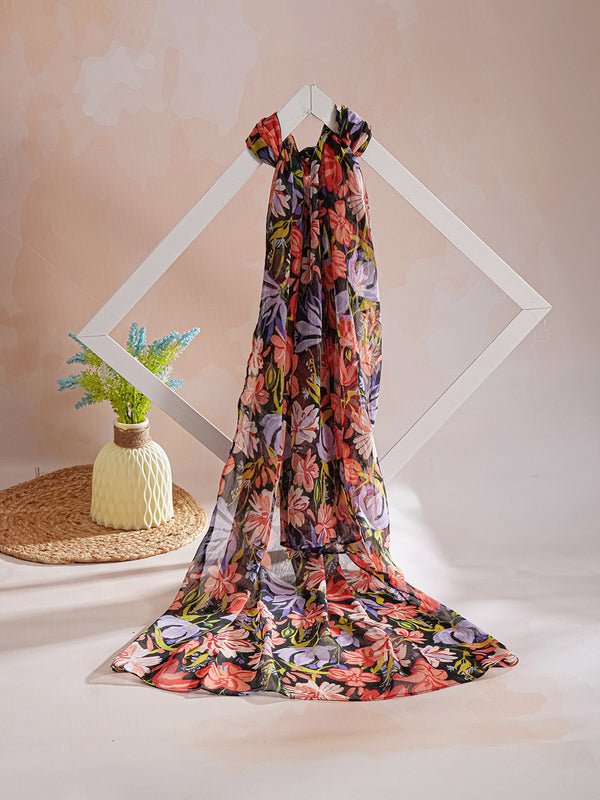 CrossKulture - CrispFlora Floral Print Poly Chiffon Scarf Red flare view