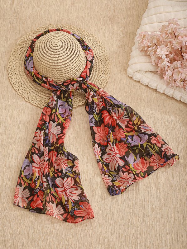 CrossKulture - CrispFlora Floral Print Poly Chiffon Scarf Red placed on a hat view