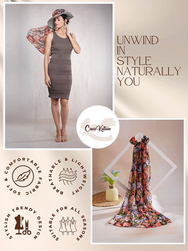 CrossKulture - CrispFlora Floral Print Poly Chiffon Scarf Red infographic image