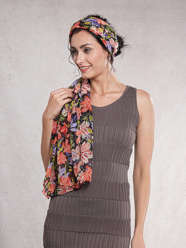 CrossKulture - CrispFlora Floral Print Poly Chiffon Scarf Red side model view