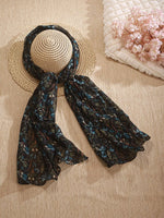 CrossKulture - ForestSpark Floral Print Poly Cotton Scarf Teal styled on a hat view