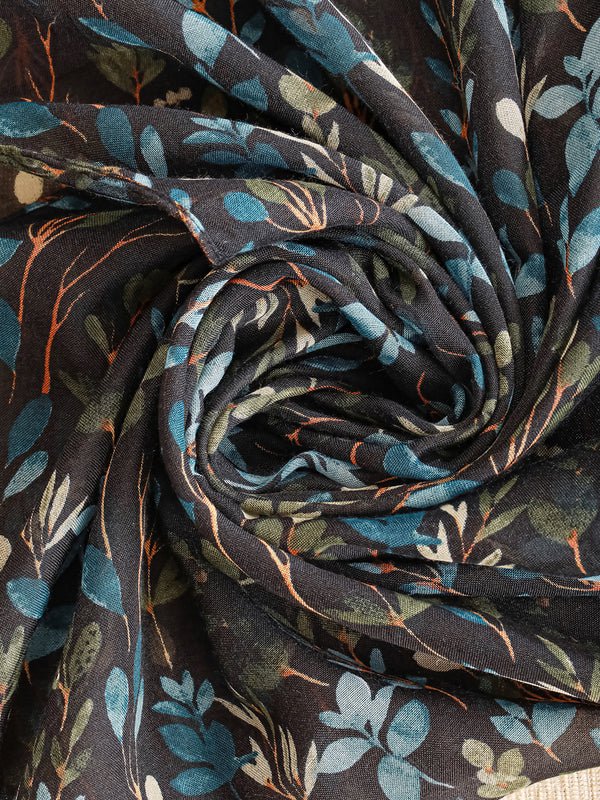 CrossKulture - ForestSpark Floral Print Poly Cotton Scarf Teal fabric detailing view