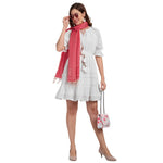 CrossKulture - IvorySunset Banarsee Poly Silk Scarf Coral front model view