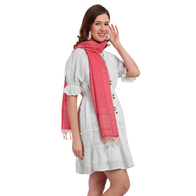 CrossKulture - IvorySunset Banarsee Poly Silk Scarf Coral side model view