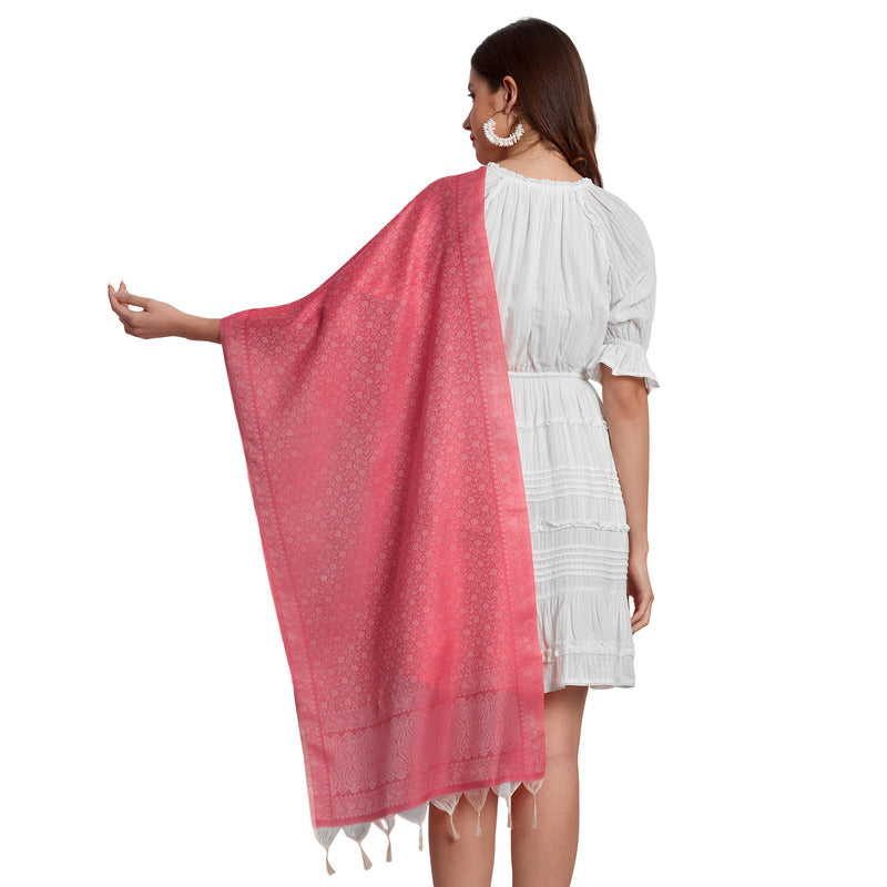 CrossKulture - IvorySunset Banarsee Poly Silk Scarf Coral back model view