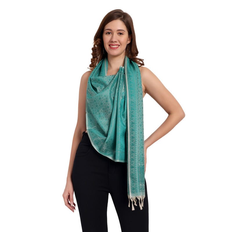 CrossKulture - SereneLeaf Banarsee Poly Silk Scarf Green front model view