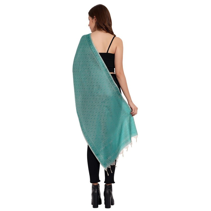 CrossKulture - SereneLeaf Banarsee Poly Silk Scarf Green back model view