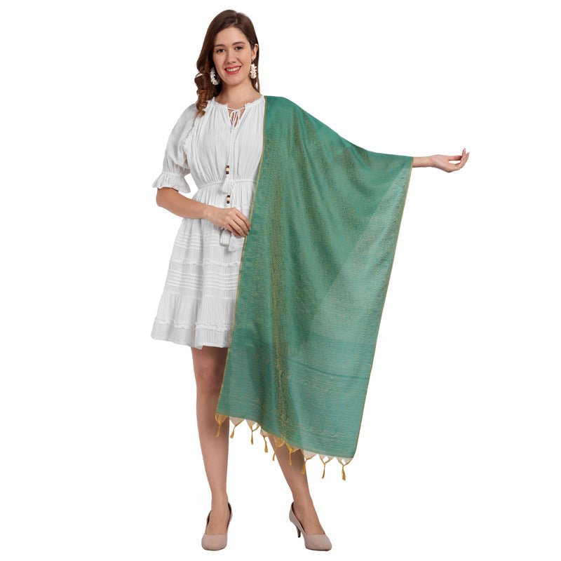 CrossKulture - SpringGreen Banarsee PolySilk Scarf Green side model view