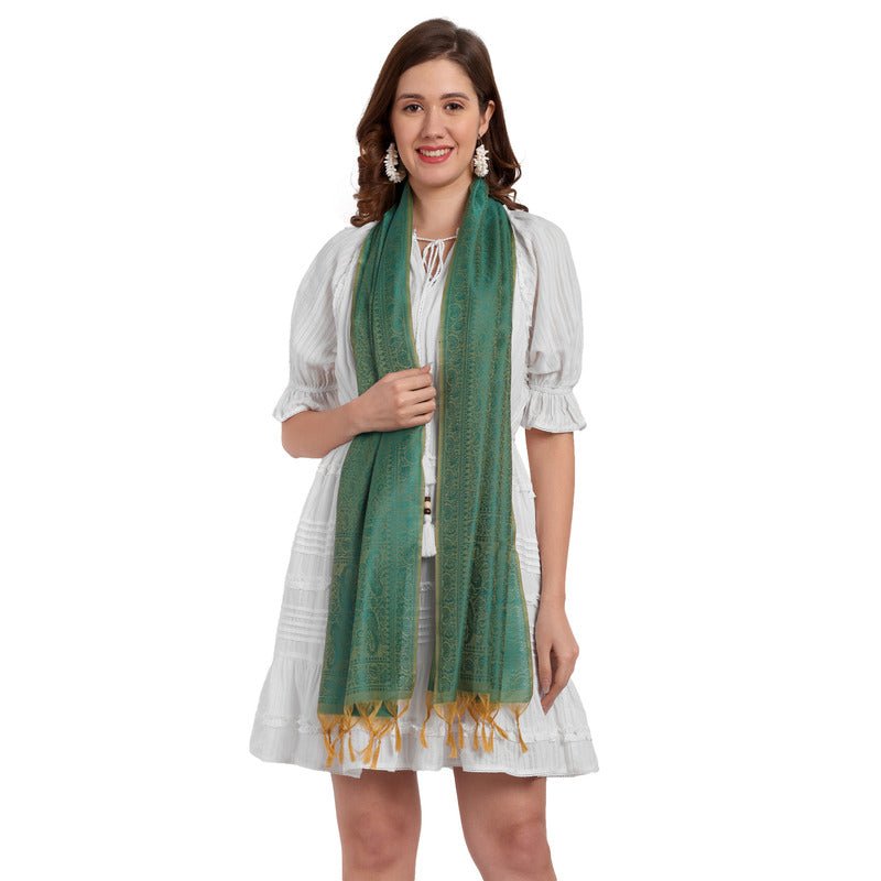 CrossKulture - SpringGreen Banarsee PolySilk Scarf Green front model view