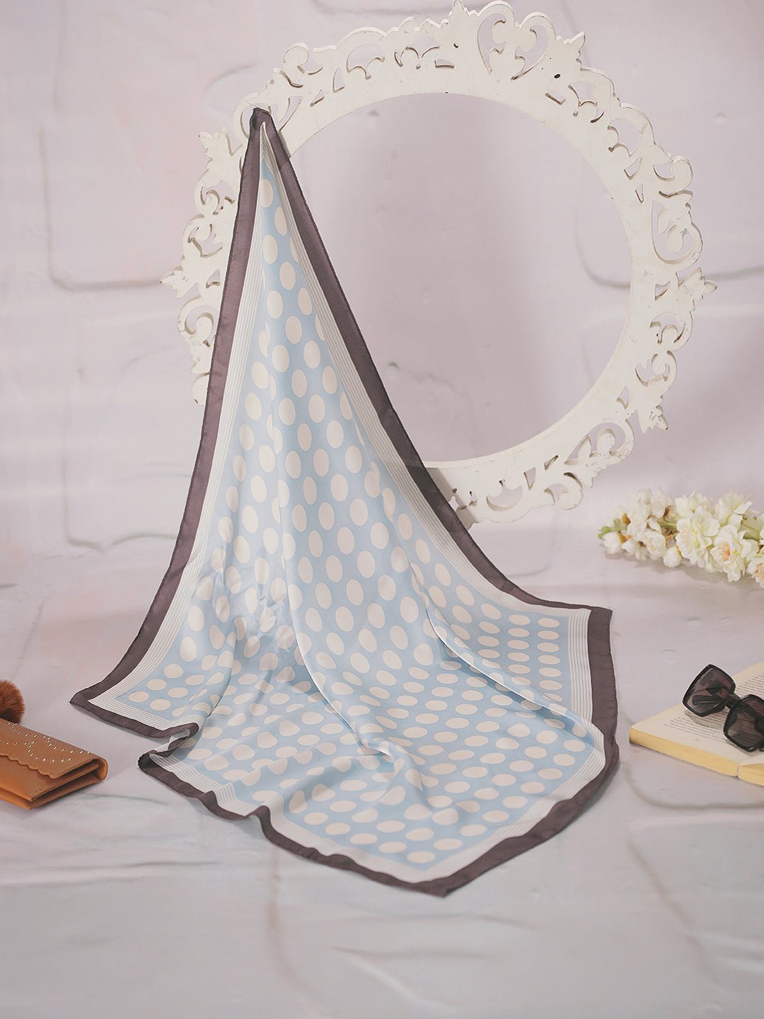 CrossKulture - RetroDot Small Square Satin Scarf Blue open flare view