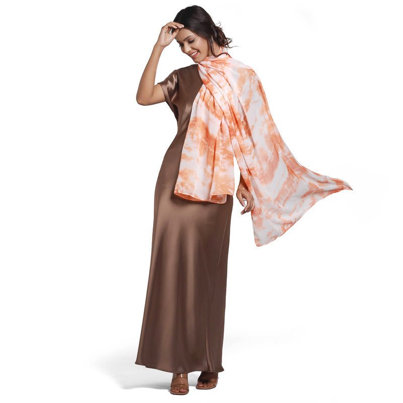 CrossKulture - SaffronTide Tie Dye Print Poly Cotton Scarf Orange side model view