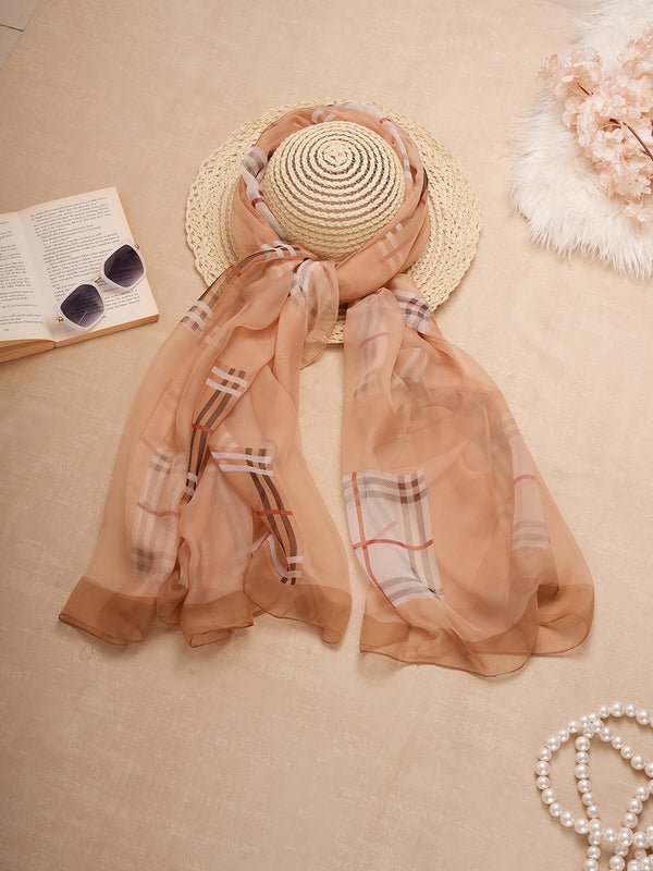 CrossKulture - WhisperFlow Long Chiffon Scarf Brown on hat view