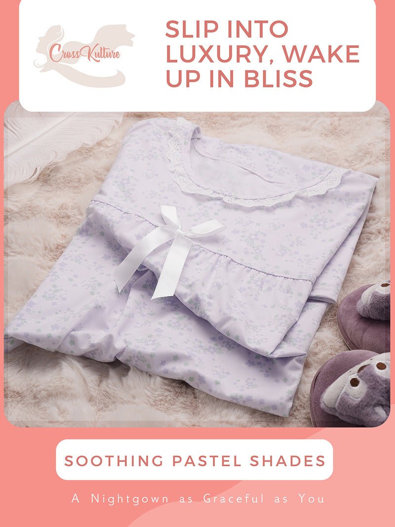 Crosskulture - CamelliaCalm Floral Printed Night Gown Mauve infographic image showing features