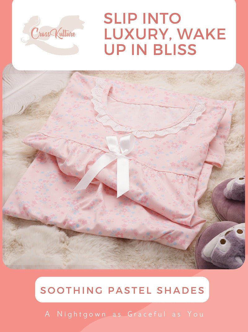 Crosskulture - TulipTranquil Floral Printed Night Gown Pink infographic image showing features