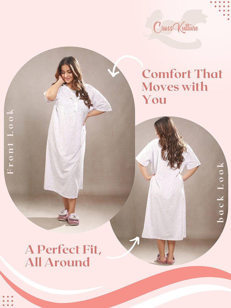 Crosskulture - CamelliaCalm Floral Printed Night Gown Mauve front and back view