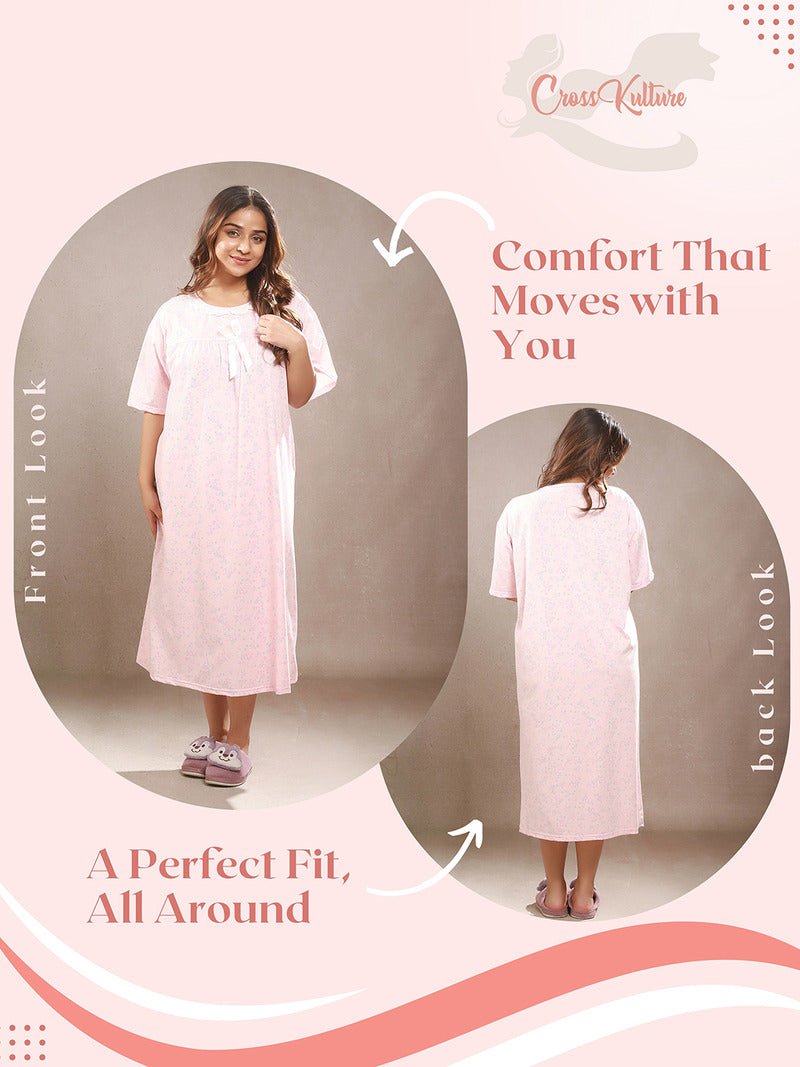 Crosskulture - TulipTranquil Floral Printed Night Gown Pink front and back view