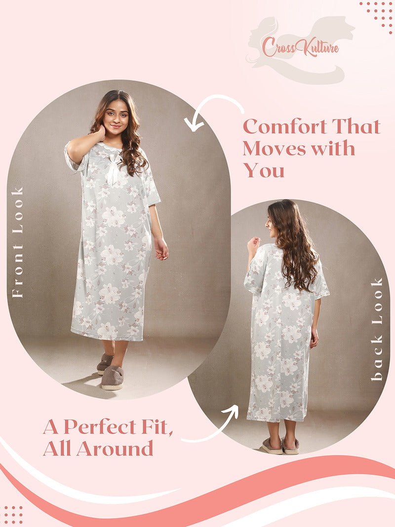 CrossKulture - DaisyDreams Floral Printed Night Gown Grey front and back view