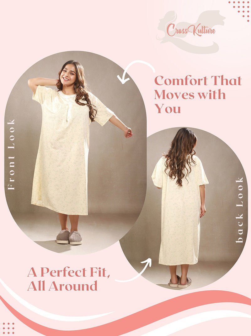 Crosskulture - PetalPause Floral Printed Night Gown Yellow front and back view