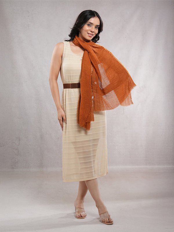 CrossKulture - SandyDusk Tan Crinkled Cotton Scarf model side view
