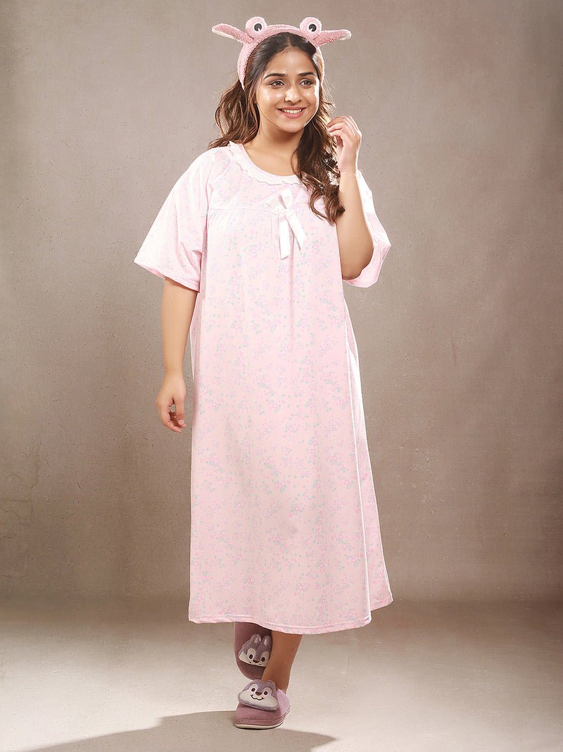 Crosskulture - TulipTranquil Floral Printed Night Gown Pink front view
