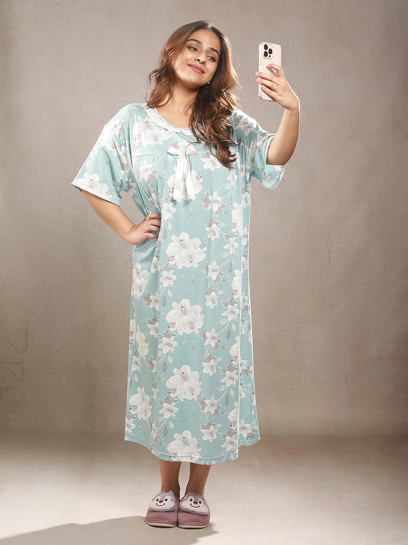 Crosskulture - LilyLullaby Floral Printed Night Gown Teal front view