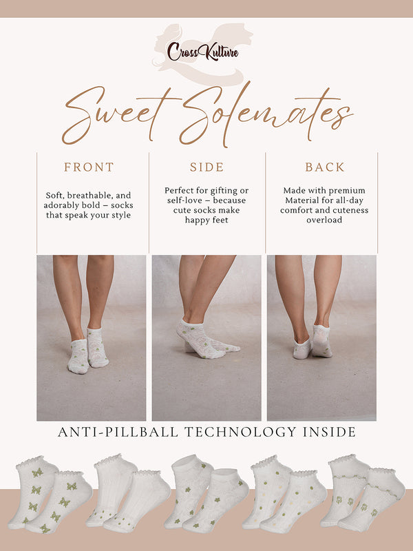 SoleMates White & Green Ankle Length Combo Pack of 5
