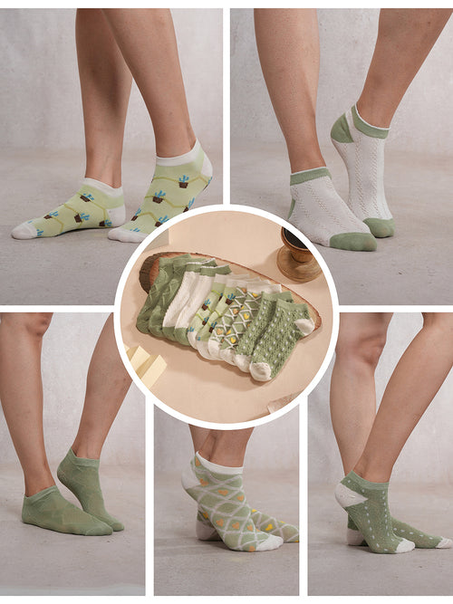 SoleCovers Green & White Ankle Length Combo Pack of 5